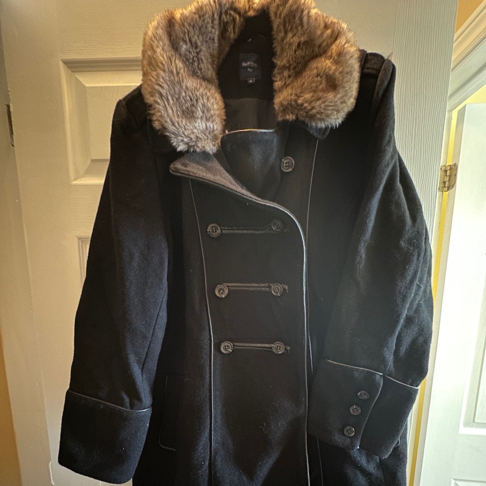 Reitmans Plus Size Black Wool Blend Coat 20 Removable Faux Fur Collar Winter
